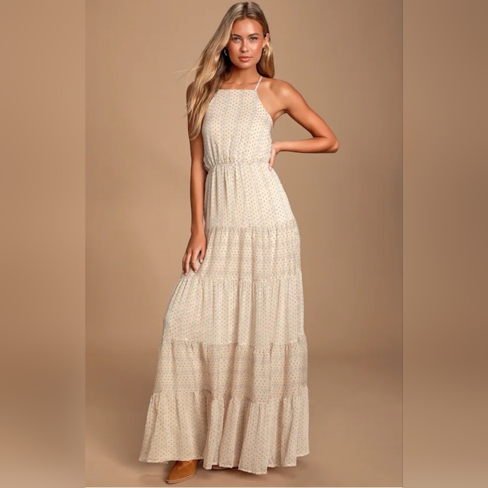 Lulus Bohemian Chiffon Floral Peasant Tiered Ruffle Spaghetti Strap Maxi Dress
